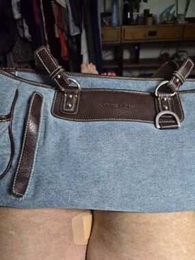 Tommy Hilfiger Blue Denim Shoulder Bag with Brown Leather Trim